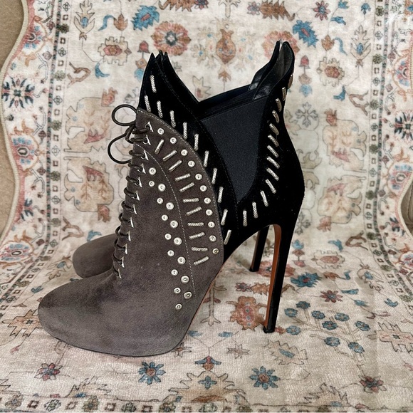 Alaia Studded Black and Gray Heeled Booties - Picture 1 of 10